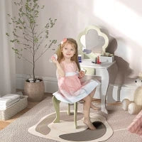 Set Toeletta per Bambina con Specchio Trucco e Sgabello Abbinato in Legno, Cassetto e Contenitori, Bianco