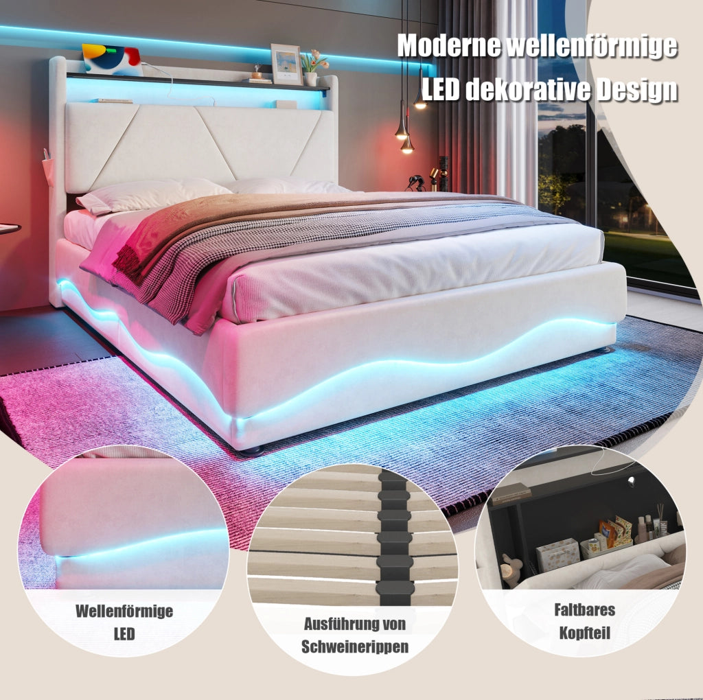 LETTO Contenitore 140x200 cm in velluto beige con LED, USB e tasche laterali