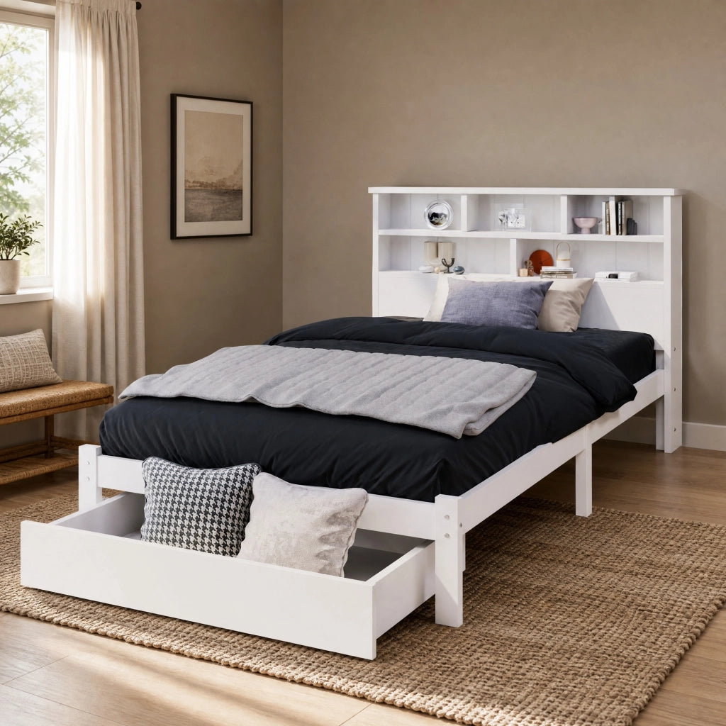 Letto singolo in legno massiccio con 2 cassetti e testiera a libreria, 90x200 cm, bianco
