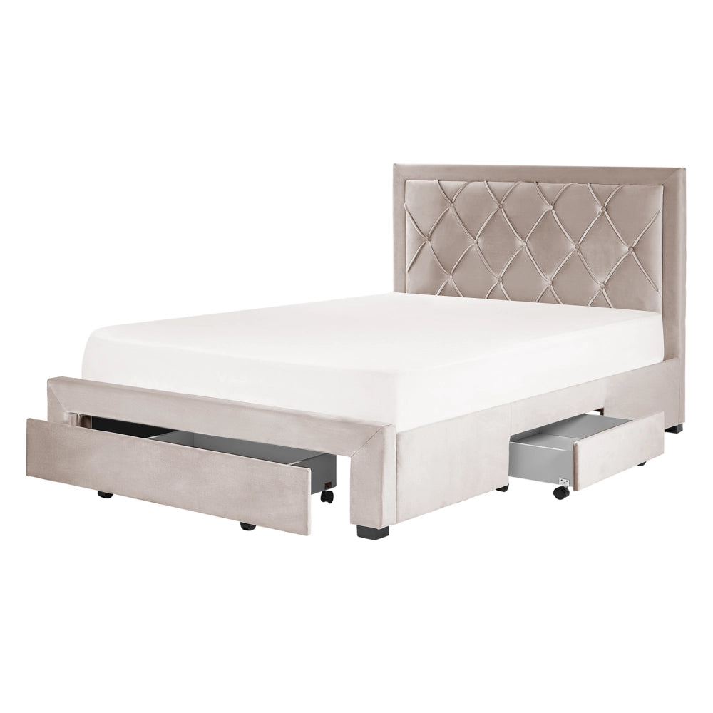 Letto contenitore tappezzeria in velluto beige 140 x 200 cm trapuntato testiera alta cassetti Glam Design