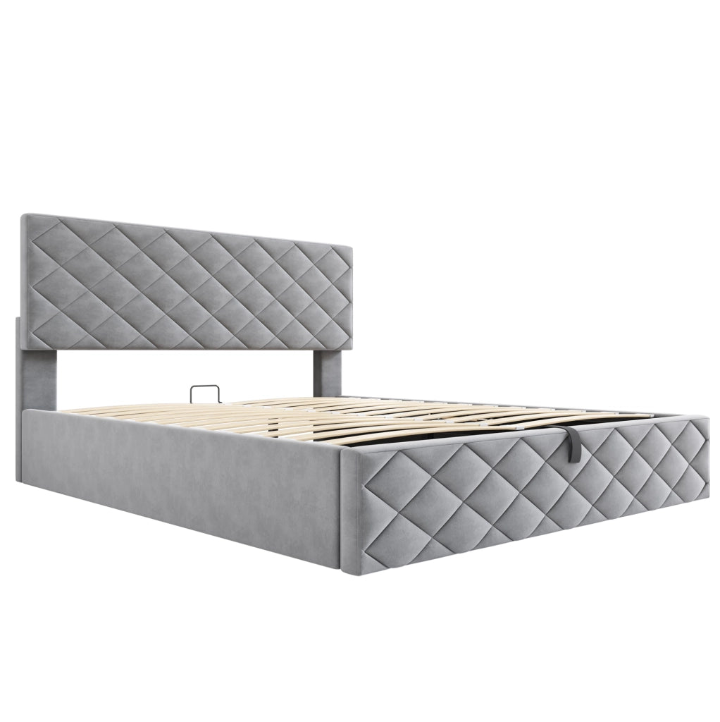Letto imbottito matrimoniale con contenitore e sollevamento idraulico 140x200 cm; velluto grigio