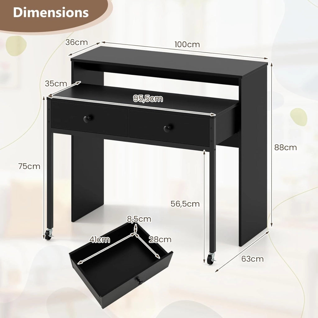 Scrivania per computer con piano estensibile, 100 x 63 x 88 cm, 2 cassetti e ripiano aperto, design compatto con ruote, tavolo da lavoro per camera da letto, ufficio (nero)