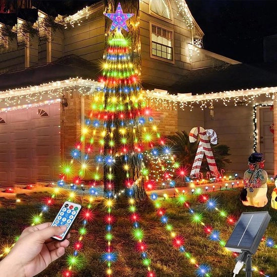 Luci a Soffio per Esterno con Fontana di Fuoco 20 m 9 Filari Decorazione per Albero di Natale Topper Stelle 198 LED 8 Modalità Impermeabile Decorazione per Giardino