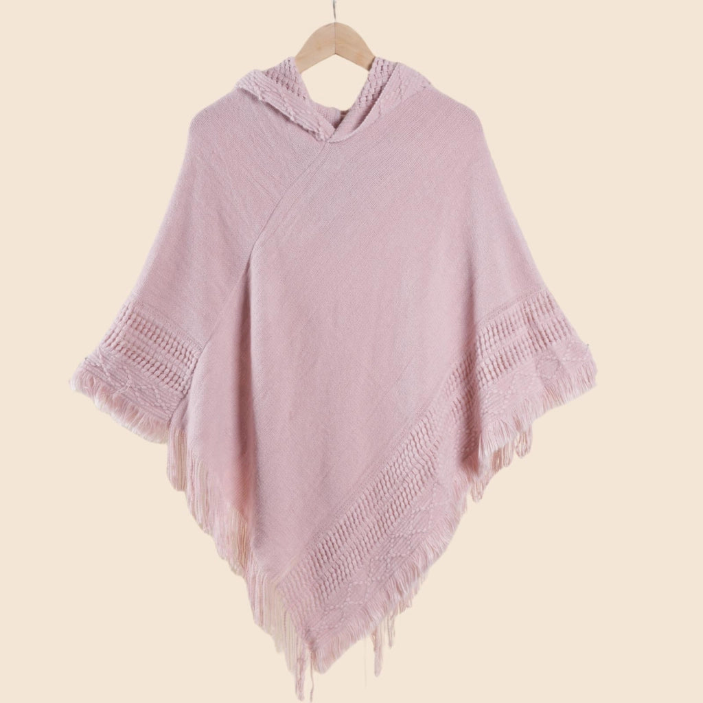 Mantella/scialle da donna con cappuccio in maglia, maglione a maglia larga, tinta unita, con nappe, mantella calda e versatile.