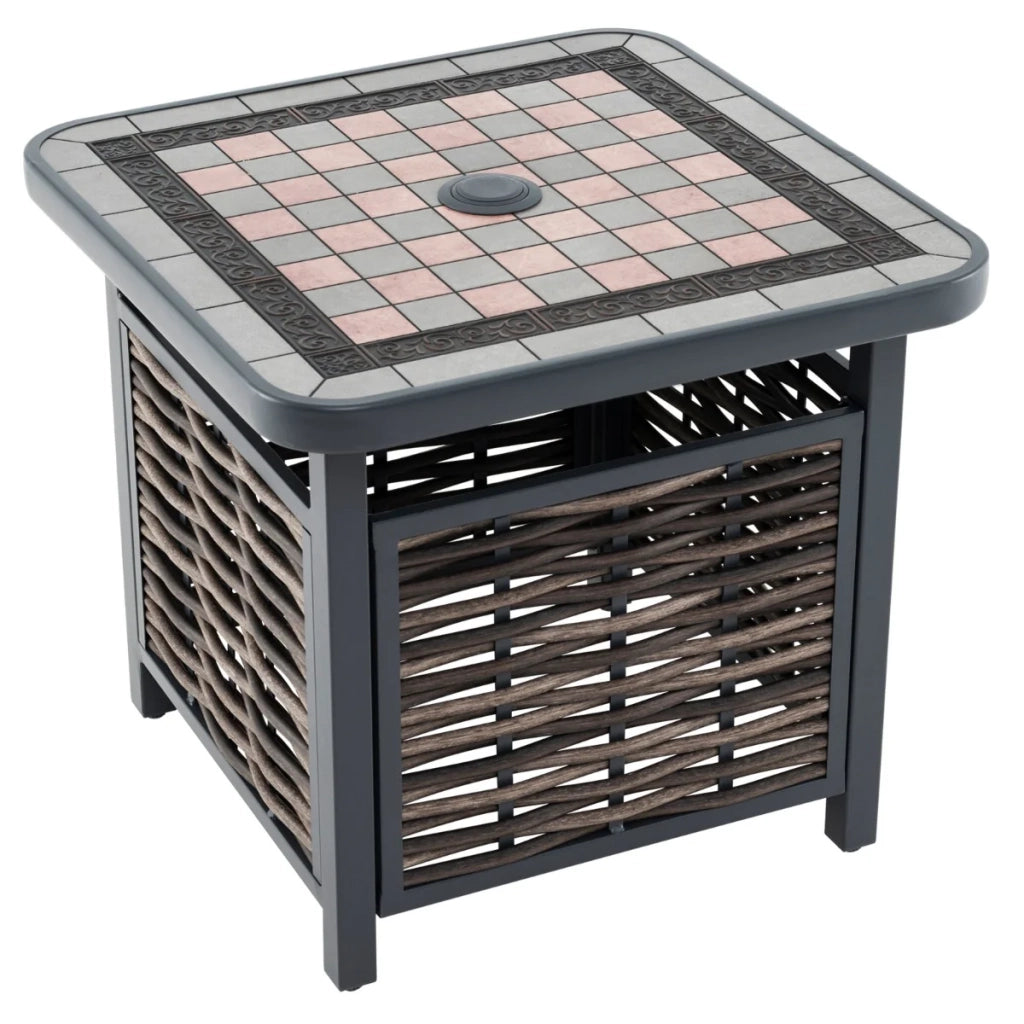 Tavolino quadrato 55 x 55 x 50 cm con foro per ombrellone design moderno in resina nera e marrone 20_0013992