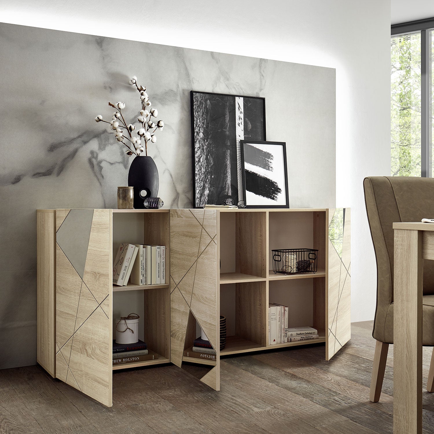 Madia Design Moderno 3 Ante con Serigrafie e Specchi Vittoria 181x42x84 cm Rovere Samoa