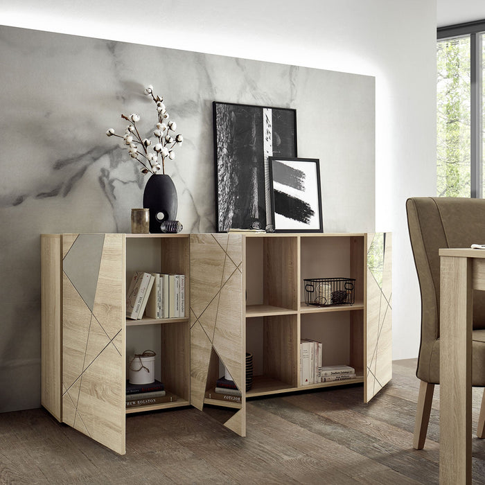 Madia Design Moderno 3 Ante con Serigrafie e Specchi Vittoria 181x42x84 cm Rovere Samoa