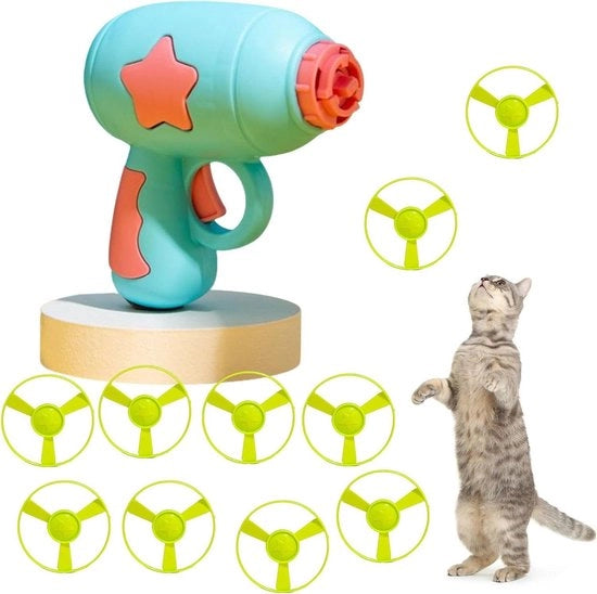Giocattolo da Caccia con Disco a Propulsione a Vela per Gatti - Set Completo con 1 Lanciatore e 10 Vele - Giocattolo Interattivo per Animali da Casa
