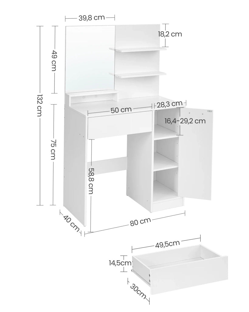 Toeletta con specchio 1 cassetto 2 ripiani mobiletto portaoggetti organizer per il trucco bianco 2_0005177