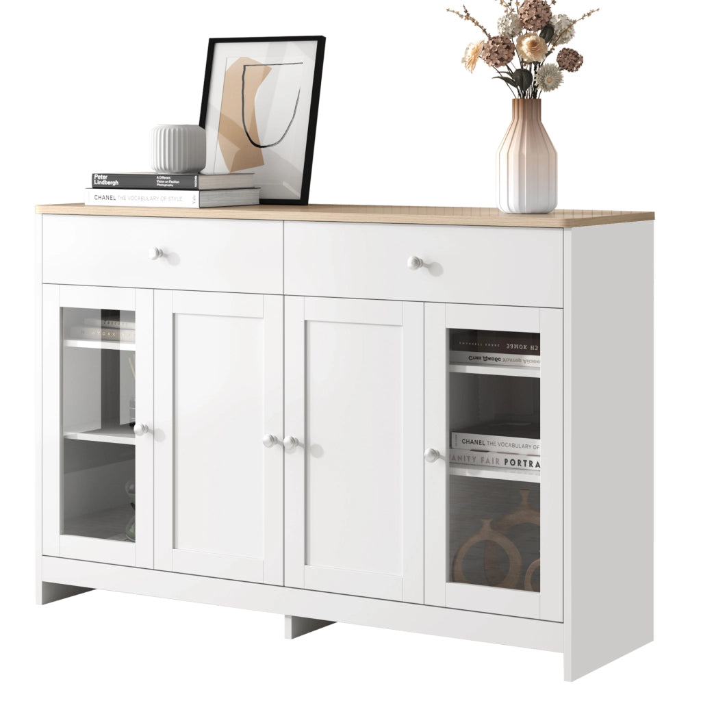 Credenza e Madia con 4 Ante di cui 1 in Vetro; 2 Cassetti e Ripiani Regolabili; Stile Country; in MDF; 120??37??80 cm; Bianco