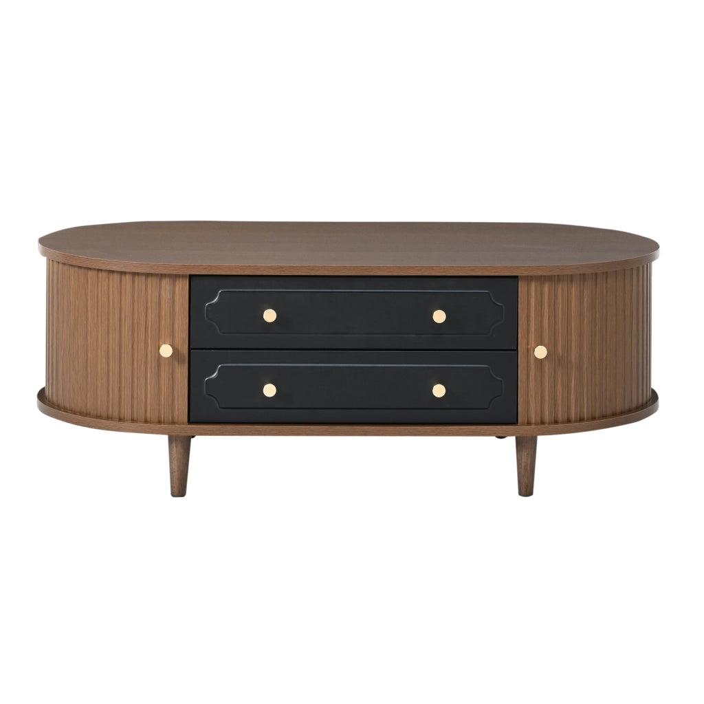 Tavolino da caffè con 2 cassetti e 2 ante a ribalta; 4 gambe - per soggiorno - in pannello - 100×50×36 cm - noce e nero