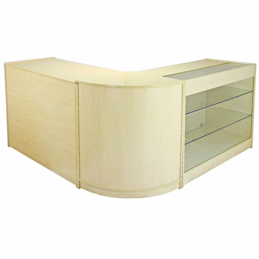 Set Saturn con 3 Banconi da Negozio e Reception con Finitura in Acero Laminato