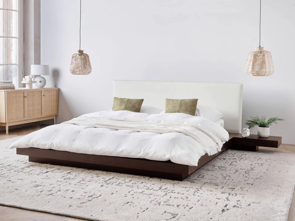 Letto in stile giapponese in frassino scuro 160 x 200 cm testata in MDF impiallacciata in legno testata in ecopelle camera da letto a basso profilo