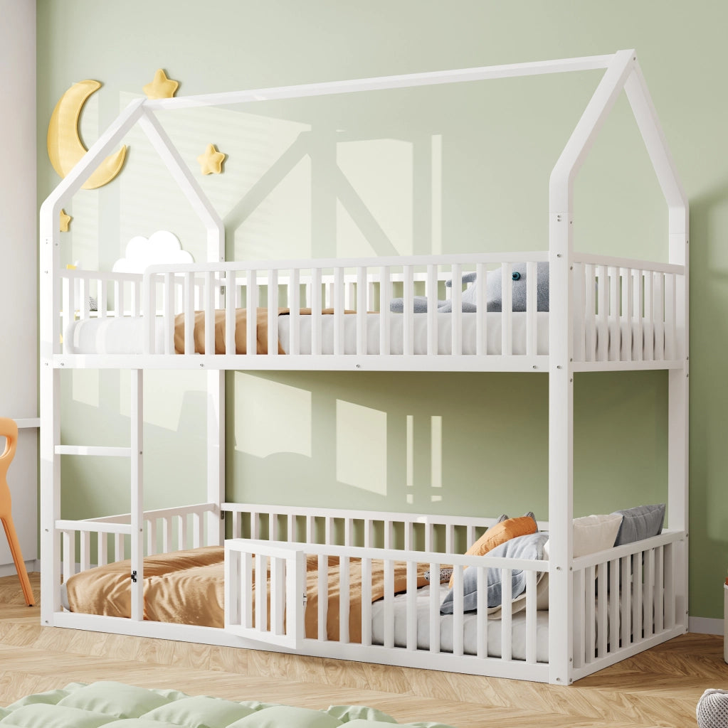 Letto a castello in metallo 90x200 cm con scala frontale e porta apribile; bianco