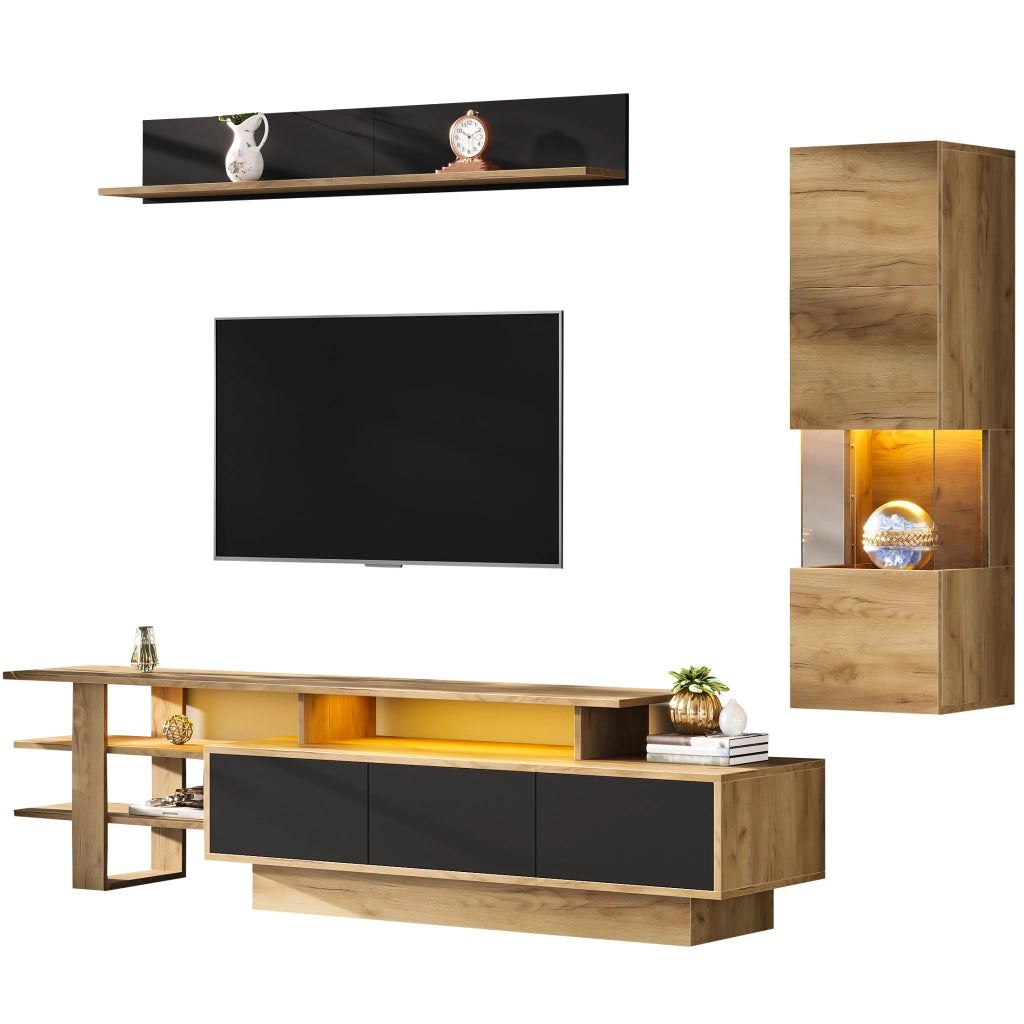 Cassettiera TV in MDF e acrilico; nero e legno naturale; lunghezza 180 cm