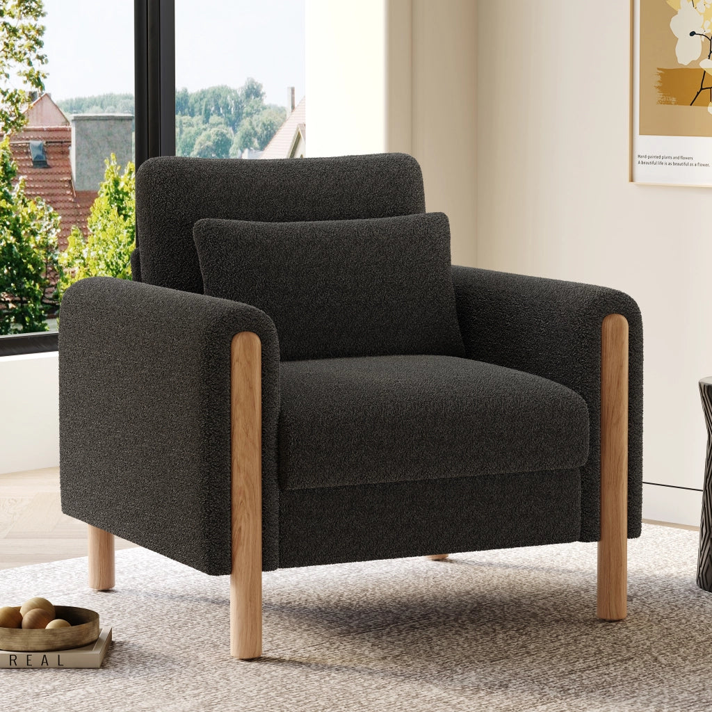 Poltrona lounge monoposto in teddy con cuscino spesso e struttura in legno massello, per soggiorno, grigio scuro