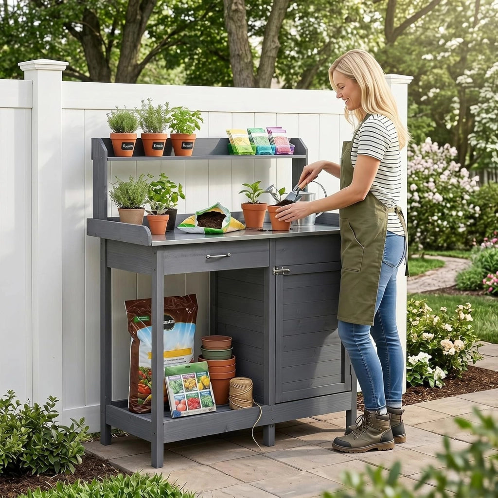 Tavolo da Giardinaggio in Legno con Piano in Acciaio (Grigio) | Tavolo per Piante con Ripiani Aperti, Armadietto, Cassetto e 3 Ganci, Banco da Lavoro per Giardino e Balcone, 112x46,5x125 cm