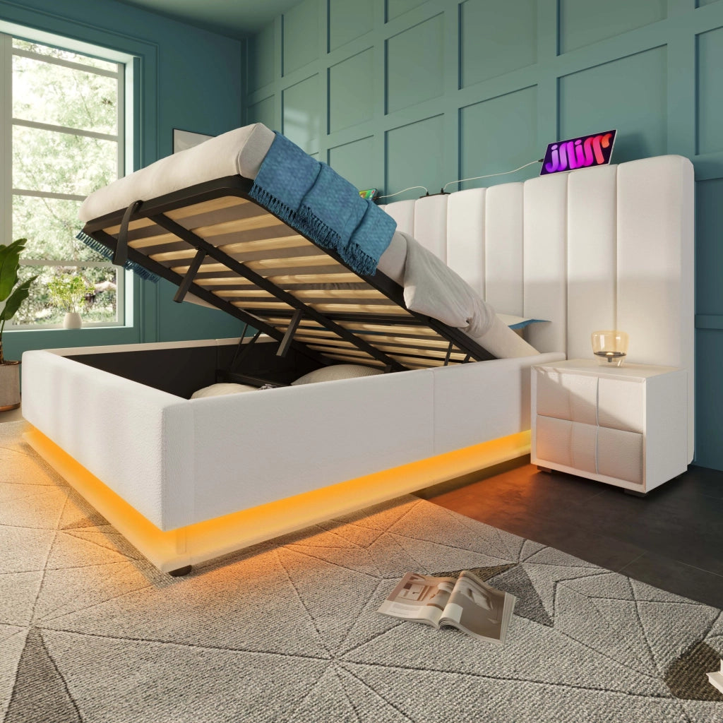 Letto contenitore 160x200 cm in PU bianco con LED, app e USB-C, senza materasso