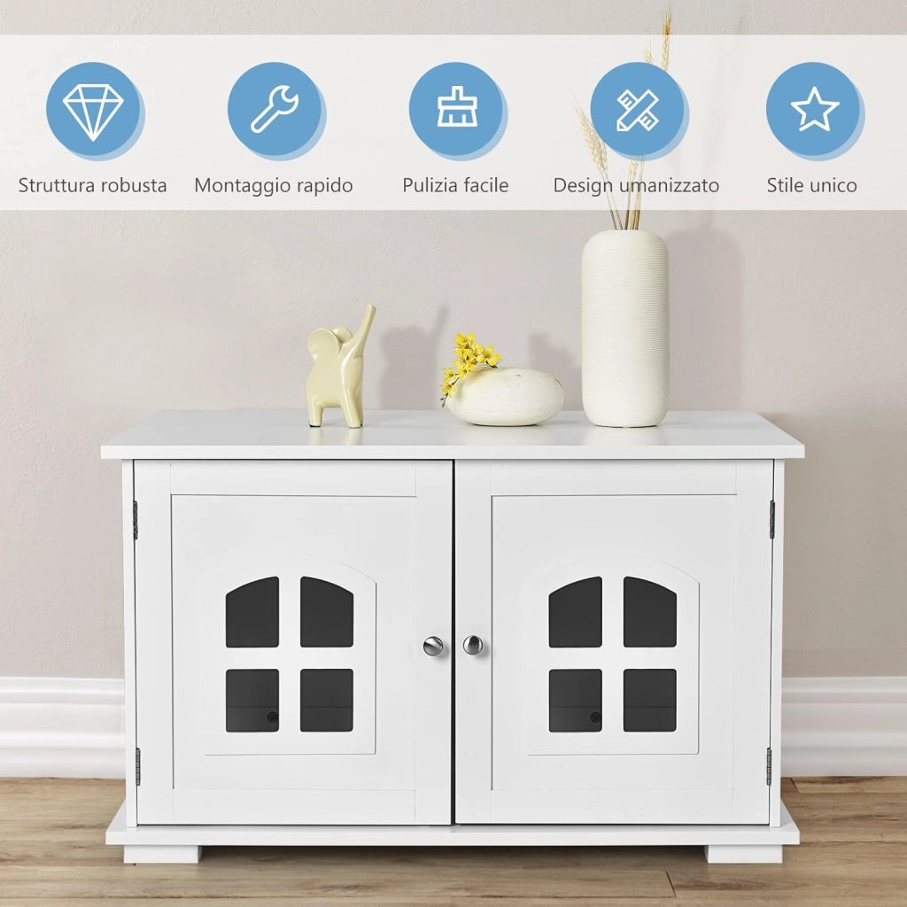 Casetta per Gatti, Casetta-comodino per Gatti con Doppie Porte e Finestre, Casetta Decorativa Ventilata per Domestici, 81 x 53 x 49 cm (Bianco)