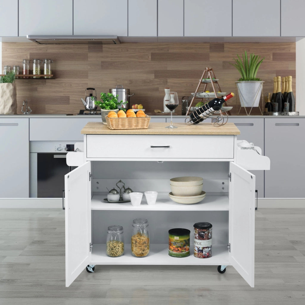 Isola da cucina con mensola regolabile in 3 posizioni, Carrello da cucina con ruote di gomma Bianco-Carrelli