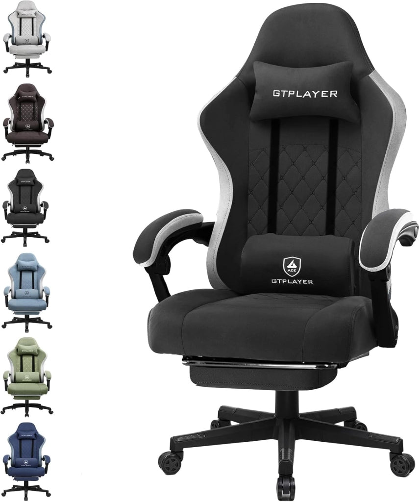Chaise de Gaming Ergonomique Avec Surface en Tissu, Coussin de siège à ressort, accoudoirs de Connexion et Repose-Pieds, Brun