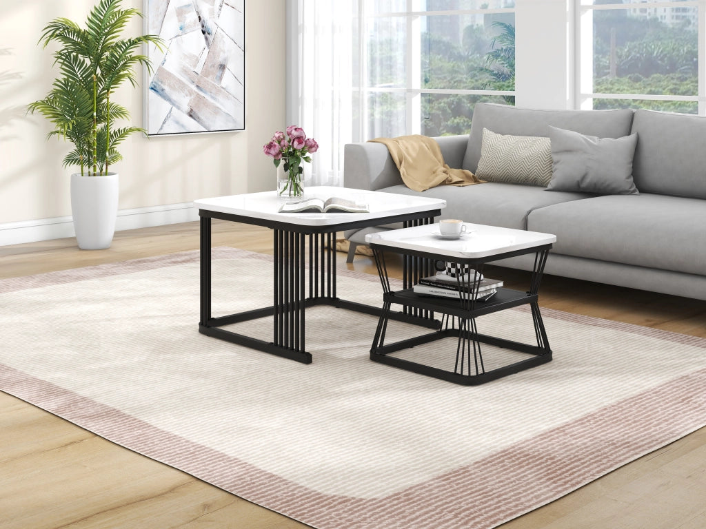 TAVOLINI Set da 2 pezzi 65x65x45 cm e 45x45x39,5 cm MDF bianco, acciaio nero
