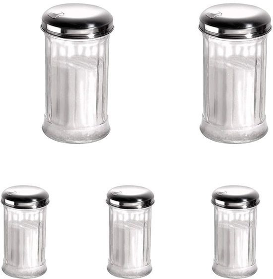 Dispensatore di zucchero, zuccherostruttore, coperchio a viti con valvola in acciaio inossidabile, con valvola a dosaggio, diametro 7,5 cm, altezza 13,5 cm, per contenuto 320 ml (confezione da 5)