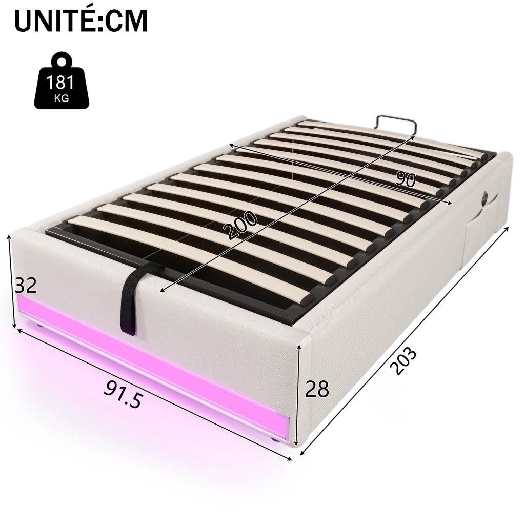 OKWISH Letto Singolo 90×200 cm con LED, USB, Type C e Contenitore, senza Materasso, in Lino, Beige