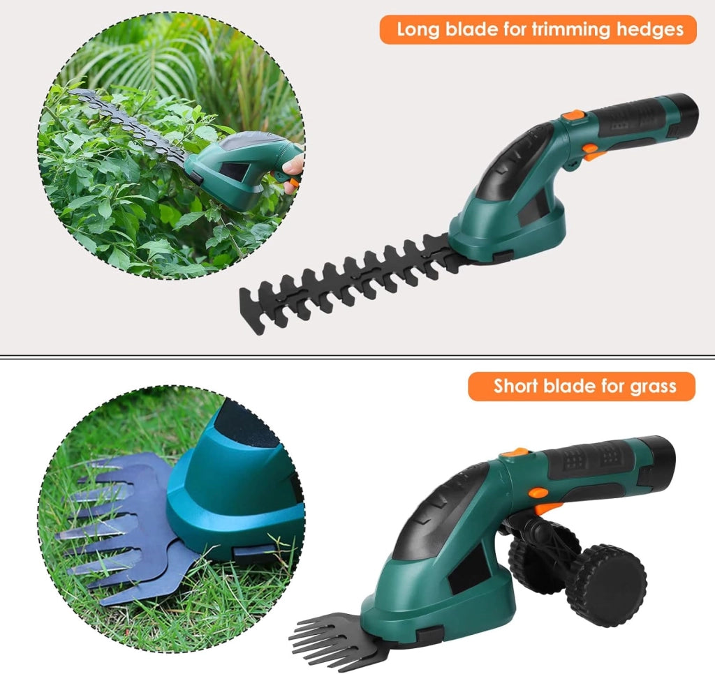 Cesoie per erba a batteria, 7,2 V, 2 in 1, con manico telescopico, batteria e caricabatterie, per tagliaerba, maneggevoli, con 2 diversi coltelli
