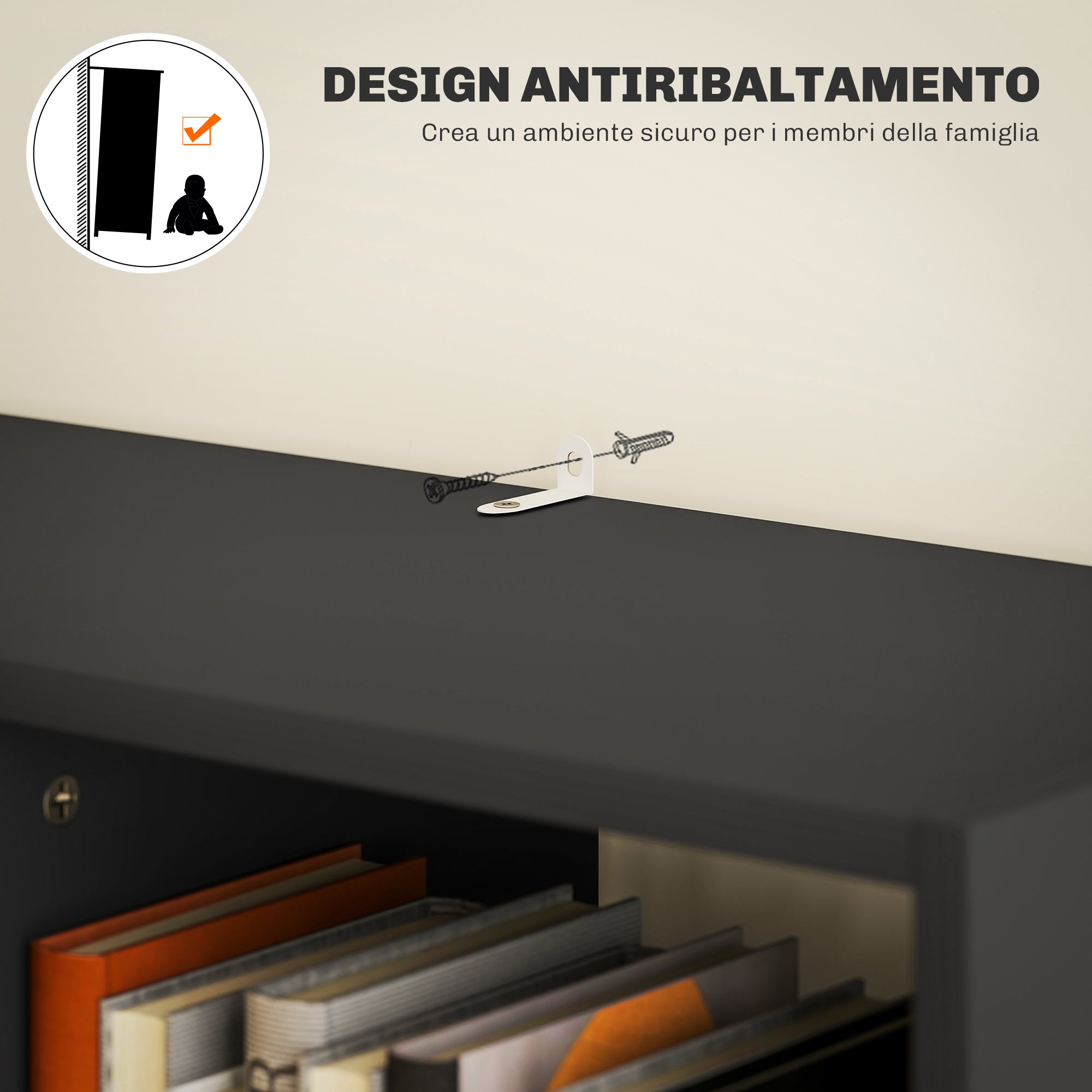 Libreria Moderna 60x26x158 cm con Cassetto Centrale e Kit Antiribaltamento in Legno Nero