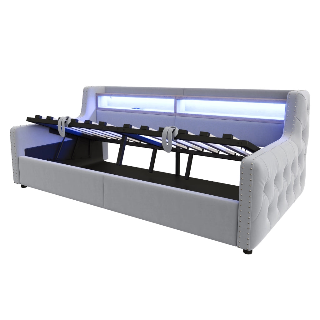 Letto singolo 90×200 cm con contenitore; LED; ripiano; USB e Type-C; senza materasso; velluto; grigio chiaro