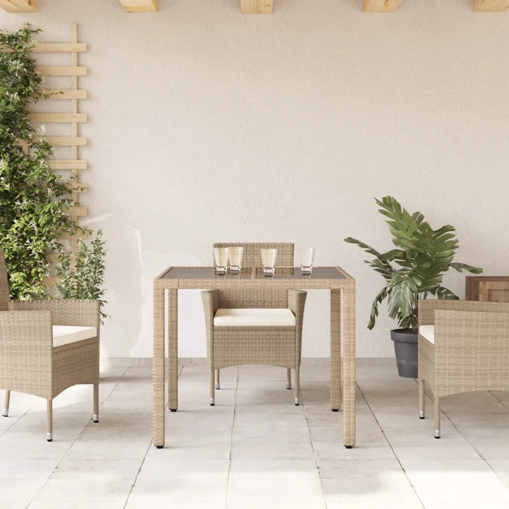 Tavolo da Giardino | Tavolino da esterno con Piano Vetro Beige 90x90x75 cm Polyrattan