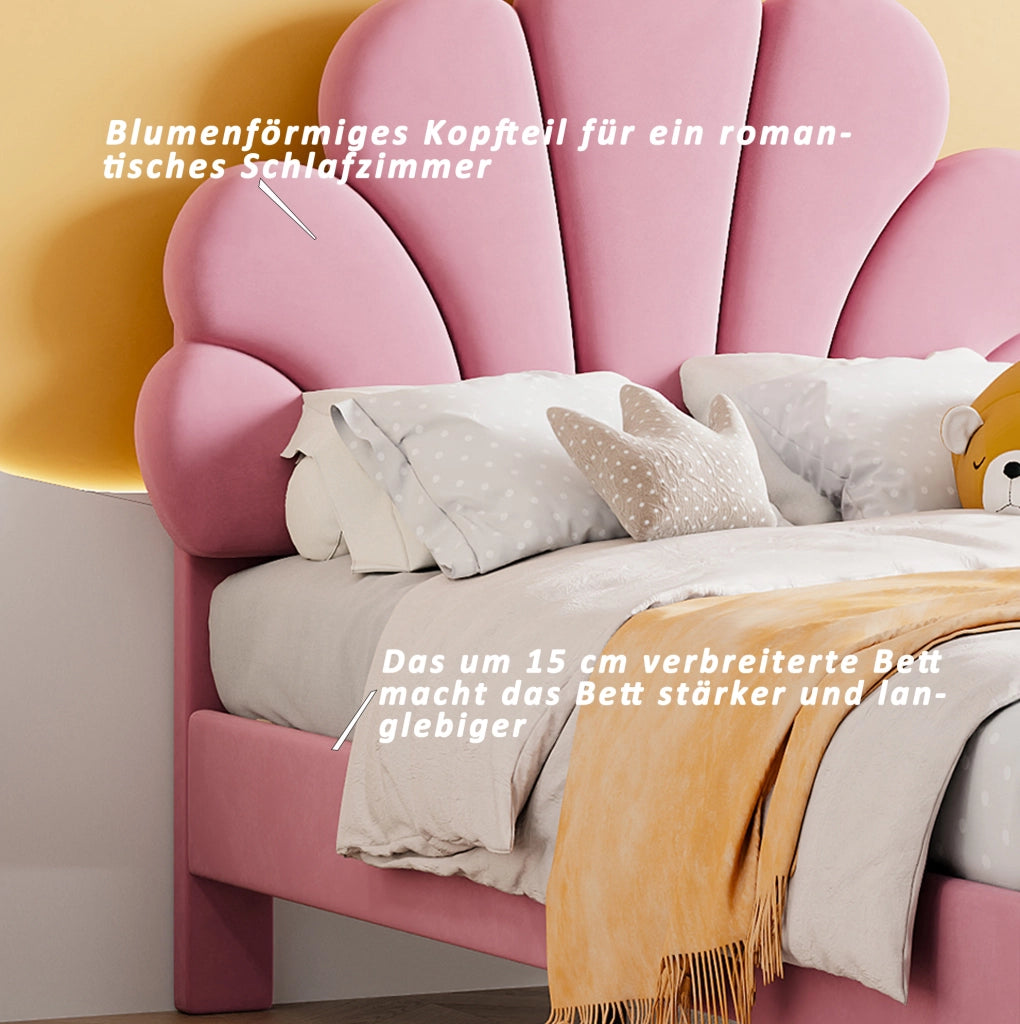 Letto imbottito 90x200 cm in velluto rosa con testiera a fiore e rete a doghe