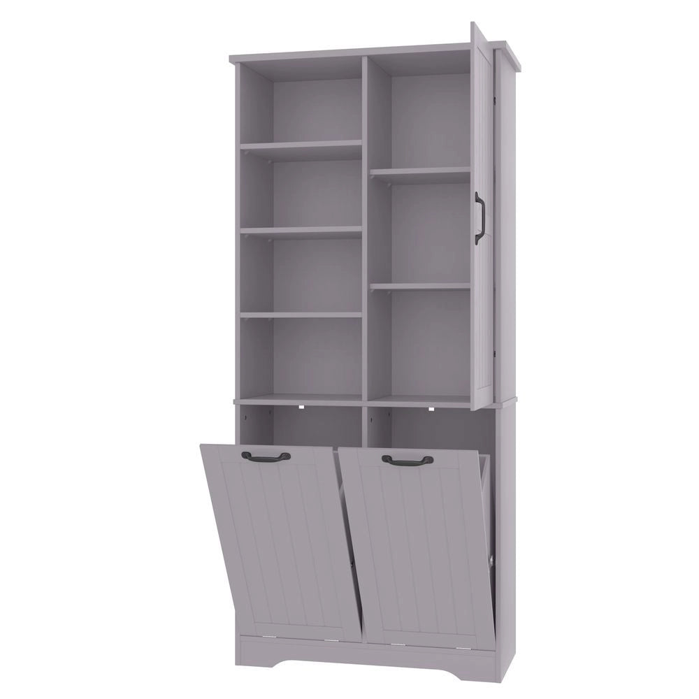 Armoire de salle de bain - Xylo - 78 x 35 x 172 cm - Grigio - Vernice resistente all'umidit??, doppio cesto per il bucato, ripiani regolabili