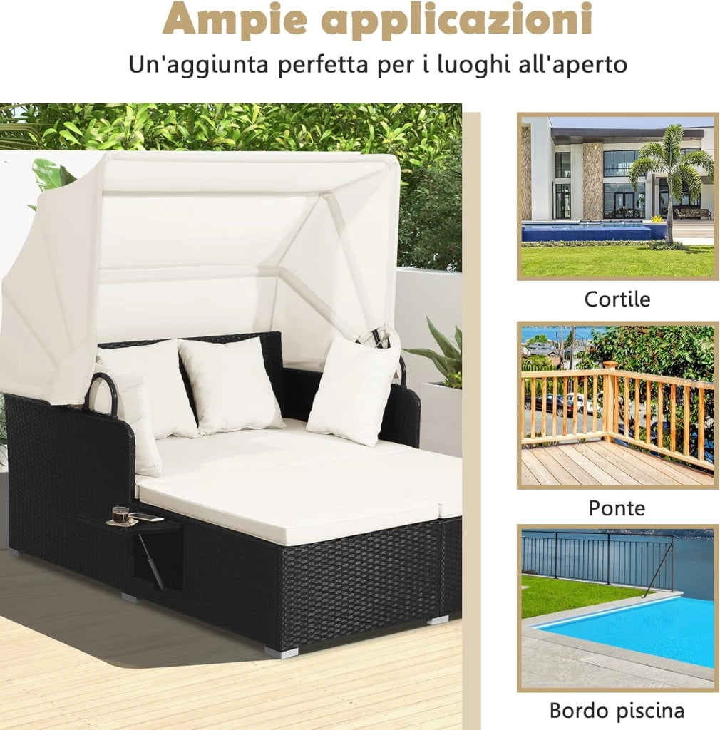 Lettino Prendisole in Rattan, Lettino da Giardino per 2 Persone con Tettuccio Retrattile, Cuscini Spessi, Ideale per Giardino Cortile Portico Prato, 165x153x138 cm