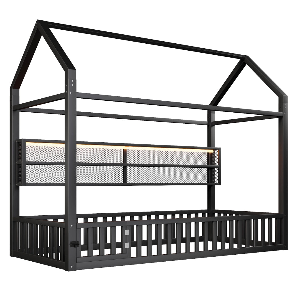 OKWISH Letto a Casetta Letto Singolo con Sponda e LED 90 x 200 cm, senza Materasso, in Metallo, Nero