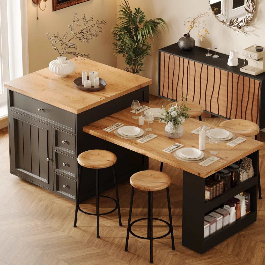 Isola Cucina Allungabile con Cassetti e Ruote ¨C MINIMAL ¨C Piano Effetto Legno, Nero, 120-184 cm