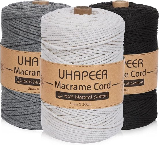 Tessuto macramé - 200 m x 3 mm - 4 strati di tessuto di cotone premium - decorazione per casa - decorazione per piante - decorazione per parete - imballaggio regalo - decorazione per casa - decorazione per interni - nero