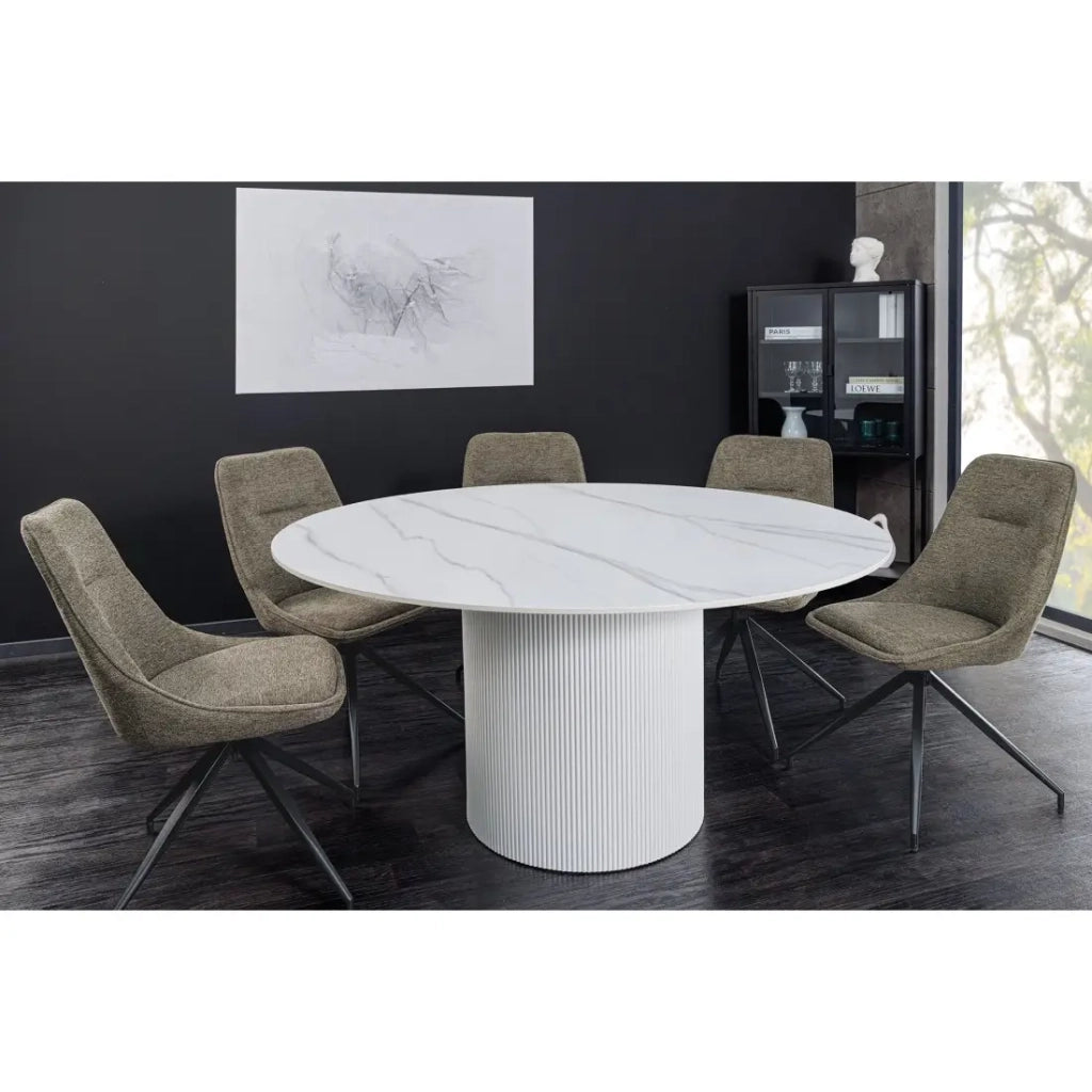 Tavolo da pranzo LUMEA – Rotondo 120 cm – Effetto marmo bianco – Piede centrale largo – Stile contemporaneo