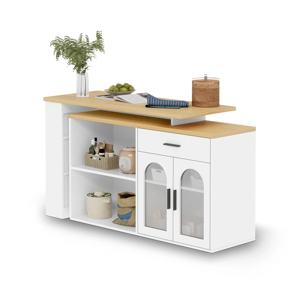 Isola da Cucina 136x50x78 cm Bianca e Rovere con Tavolo Girevole 360°, Cassetto e Ripiani
