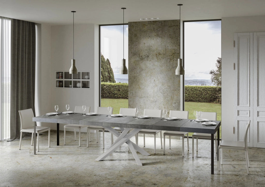 Tavolo Allungabile 140-400x90x77 cm Volantis Premium Cemento Telaio Bianco