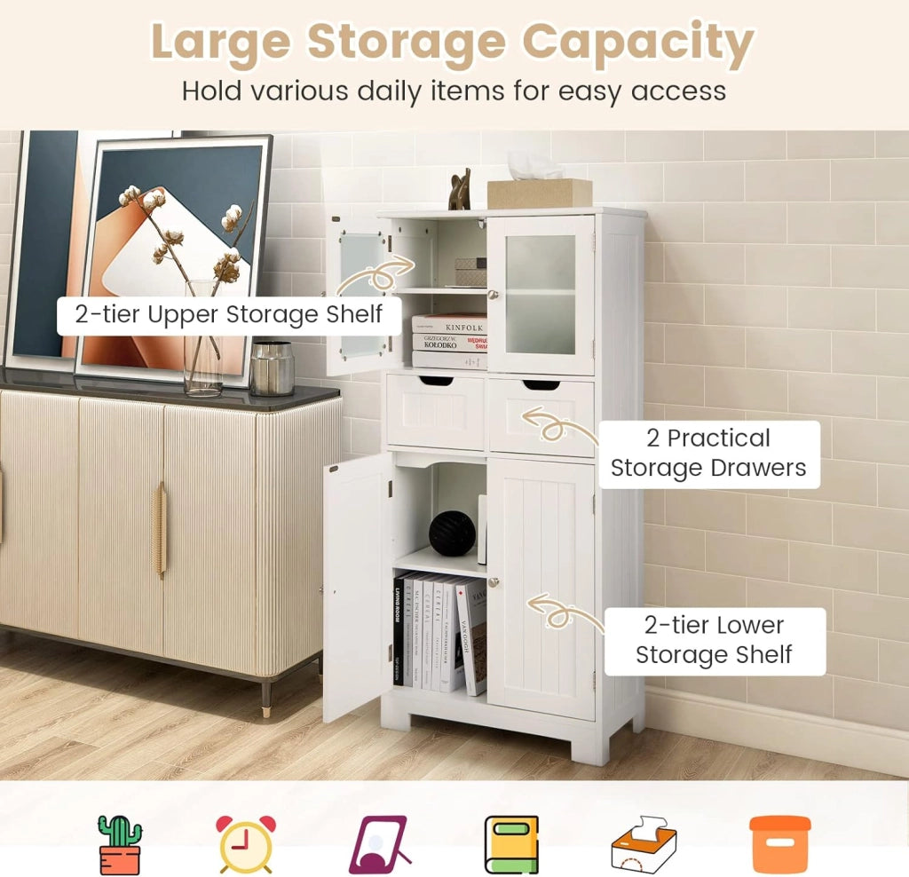 Mobile Bagno con 4 Ante + 2 Cassetti, Armadietto Multifunzione Salvaspazio 60x30x128cm, Design Modulare per Casa, Toilette e Cucina, 2 Colori Scelta & Facile Pulizia