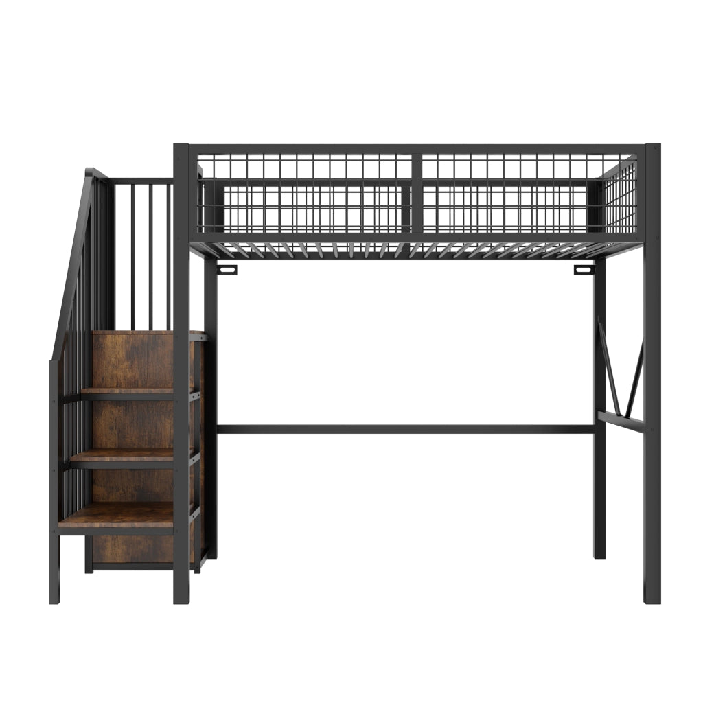 Letto a soppalco 90 × 200 cm 1 posto con scala contenitore, LED e barriera, senza materasso, nero