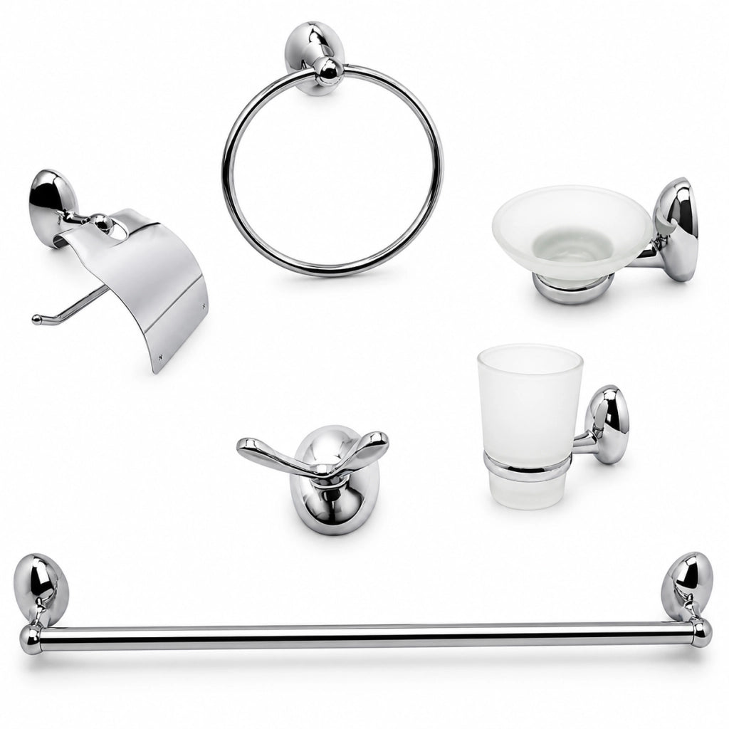 Set Accessori Bagno 6 Pezzi Cromato Vetro Satinato Completo Arredo Bagno 52918
