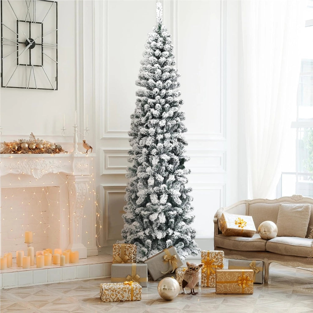 Albero di Natale Innevato 140/180/225 cm, Albero di Natale Artificiale Slim con 242/500/641 Rami Realistici e Folti e Base Pieghevole di Metallo, Apertura a Ombrello (225 cm)