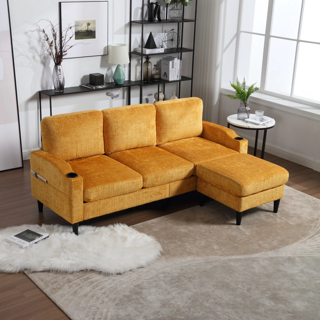 DIVANO 4 POSTI 196,5x75x77 cm in Chenille Giallo con Pouf e Contenitore