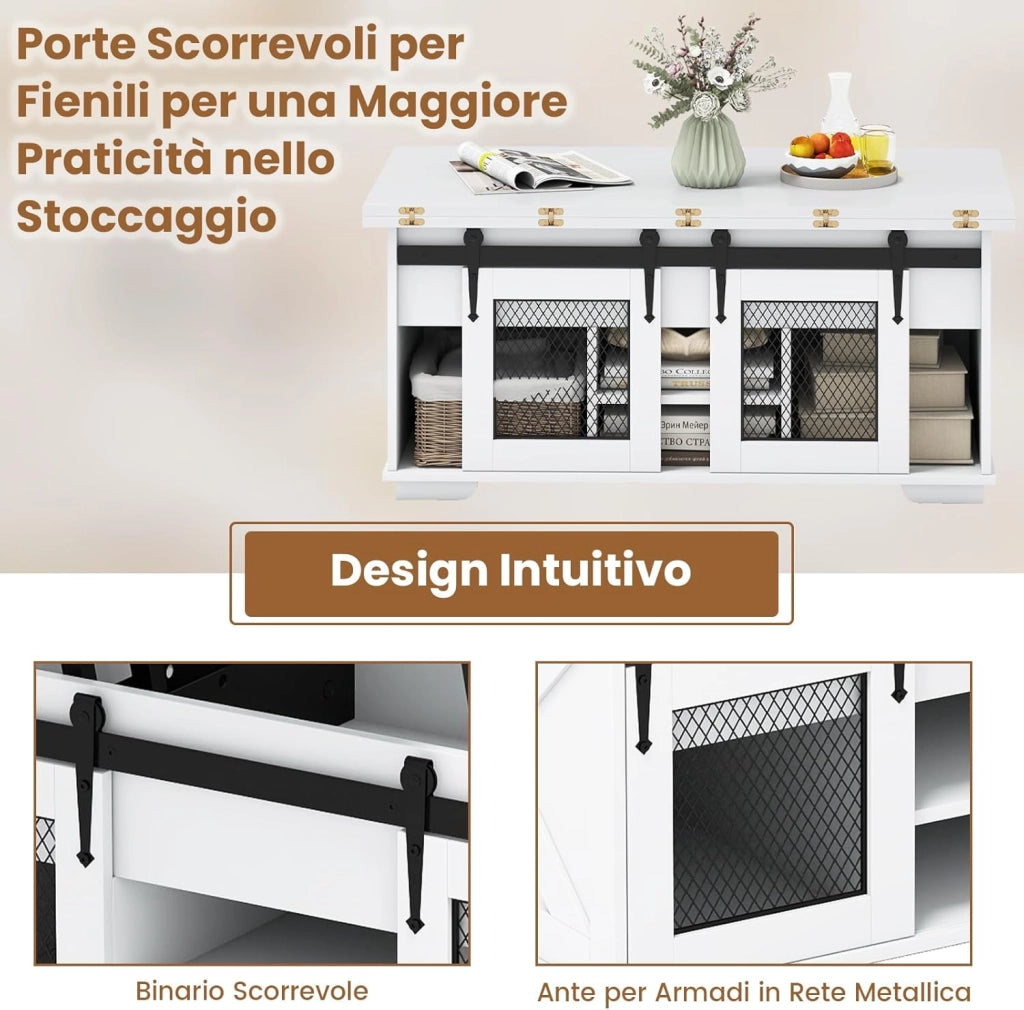 Tavolino da Salotto con Piano Sollevabile e Pieghevole, 3 in 1 Tavolo Convertibile e Salvasapzio con 2 Ante Scorrevoli, Ripiani Aperti, 3 Scomparti Nascosti e Piedini Antiscivolo (Bianco)