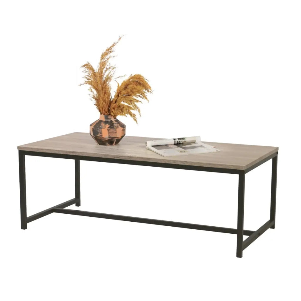 Tavolino stile industriale collezione RANONG - Color rovere chiaro con piede in metallo nero, dimensioni 100x50x36 cm