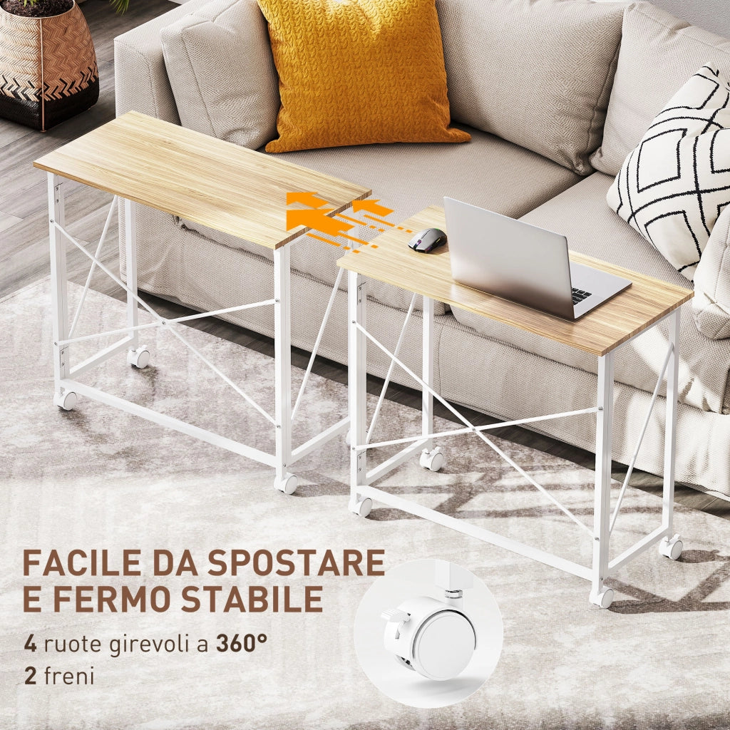 Scrivania Pieghevole Salvaspazio 80x40x75 cm con 4 Ruote e Freno Piano in Legno