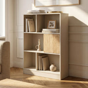 Libreria Karena Scaffale da Terra con Anta e 5 Vani Aperti 112x70x30 cm - Bianco Crema/Effetto Rovere [en.casa]